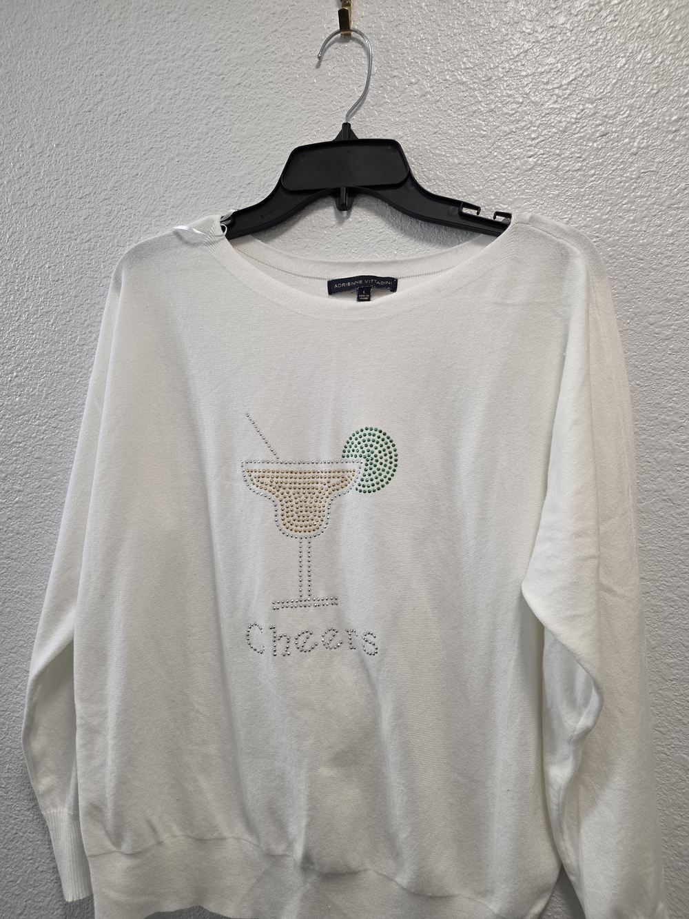 Adrienne Vittadini White Rhinestone Cocktail Sweatshirt with Green Accent
